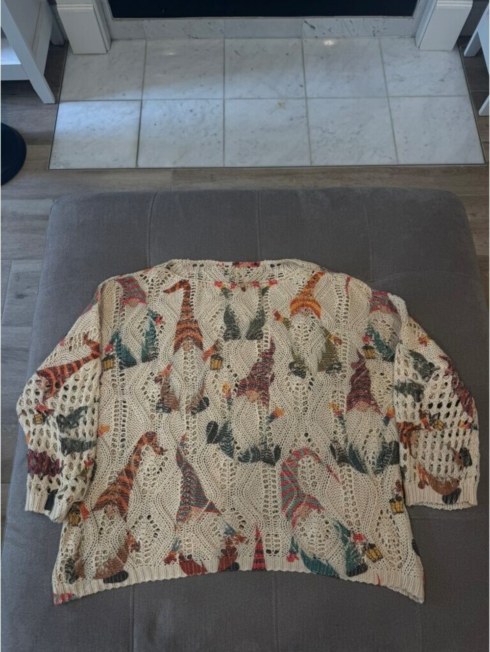 Gnome Print Open Knit Sweater Cream Cottagecore Pullover